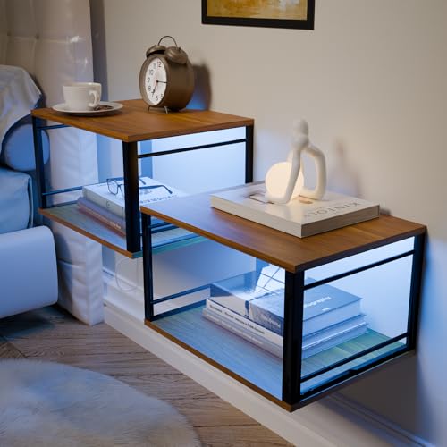 Nachttisch Hängend 2er Set mit RGB LED-Beleuchtung,Nachtkästchen Schwebend mit Metallrahmen & Holzplatte,2-Stöckiges Offenes Regal,Platzsparendes Möbelstück für Schlaf & Wohnzimmer(Braun, 40x30x22cm)