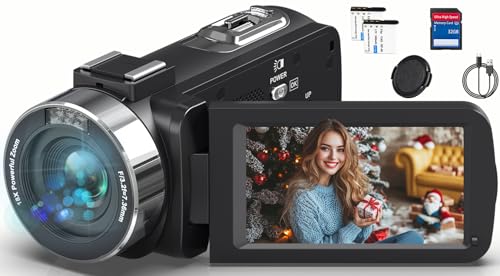 Videokamera Camcorder 4K HD 80MP 30FPS mit IR Nachtsicht, 18X Digitalzoom Webcam Videokameras, 3,0-Zoll 270° Drehung Ausgestattet IPS Screen Vlogging Camera für YouTube mit 2 Akkus, 32GB-SD-Karte