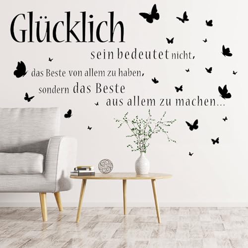 Wandtattoo Wohnzimmer Sprüch, Glücklich Inspirierende Wandsticker Wohnzimmer Modern, Schmetterlinge Wandaufkleber Schwarze für Wohnzimmer Schlafzimmer Vorraum Flur Fenster Wanddeko (90 x 30 cm)
