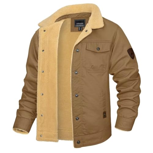 KEFITEVD Winter Cargo Jacken für Männer Winter Sherpa Gefütterte Trucker Jacke Thermischer Warmer Winddichter Mantel mit Umlegepelz Kragen Khaki
