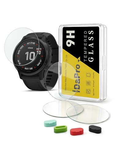 iDaPro Displayschutz Schutzfolie für Garmin fenix 6S / 6S Pro / 6S Sapphire watch + 4-teiliger Ladeanschlussschutz, 9H Härte Gehärtetes Glas Displayschutzfolie Einfache Installation [4 Stück]