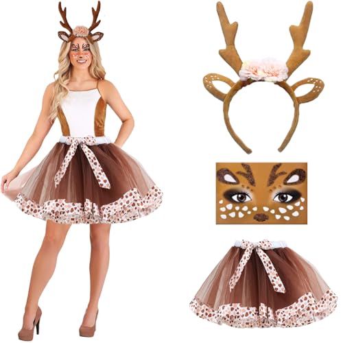 Reh Kostüm Damen, Rentier Kostüm, Hirsch Blumenstirnband und Tüllrock Braun, Karneval Cosplay Kostüms mit Gesichtsaufkleber, Elch Cosplay für Halloween, Karneval, Mottoparty