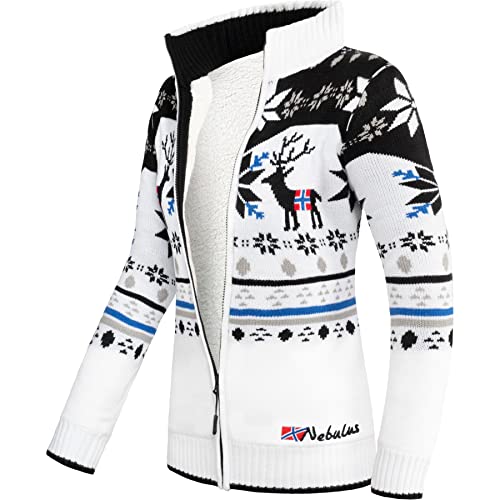Nebulus Damen Norweger Strickjacke SVERRE, gefütterte Jacke, mit Reißverschluss, Offwhite-schwar - L/40