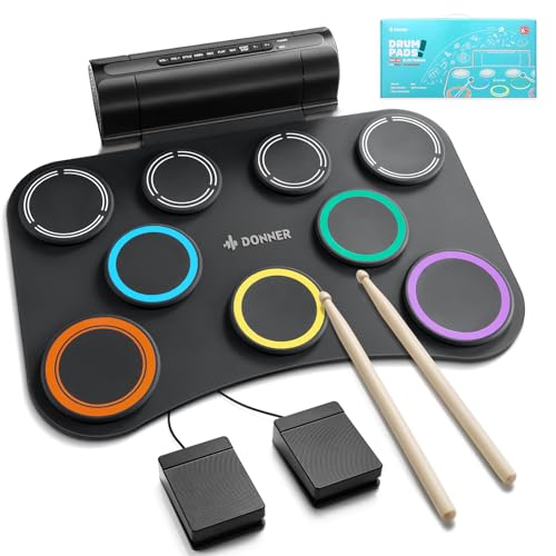 Donner Elektronisches Drum-Pad, 9 Pads Elektronisches Schlagzeug-Set Roll Up Leises Drum-Pad mit eingebautem Lautsprecher, Kinder Urlaubs- & Geburtstagsgeschenk Musikspielzeug DED-20(SE)