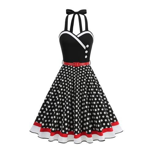 Odizli Rockabilly Kleider Damen Vintage Retro 50er Jahre Petticoat Kleid Audrey Hepburn Neckholder Polka Dot Swing Coctailkleid Festlich Hochzeit Hochzeitsgast Knielang Sommerkleid Schwarz S