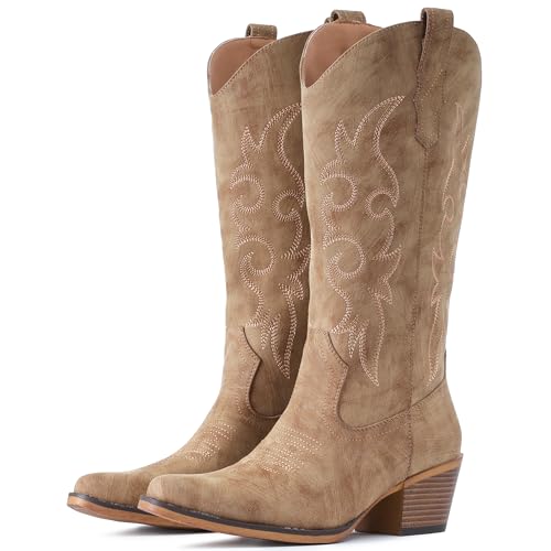 IUV Cowboystiefel für Damen, Western-Cowgirl-Stiefel, wadenhoch, Snip Toe Stiefel mit klobigem Absatz, CAMEL, 38.5 EU