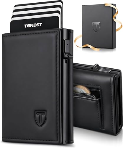 TENBST Geldbörse Herren mit RFID Schutz, Slim Wallet mit Münzfach, 10 Karten Portmonee Geldbeutel Herren, Magnetischer Wallets for Men, Kreditkartenetui Klein with Gift Box - Schwarz