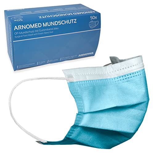 ARNOMED 50x Medizinische Mundschutzmaske Blau, CE Zertifizierte Op Maske, Medical Face Mask, Schutzmaske Mund & Nase, Einwegmasken, Chirugischer Mundschutz, Klinische Gesichtsmasken