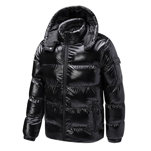 TONY BACKER Kurze Daunenjacke für den Winter, glänzend, winddicht, wasserdicht, mit abnehmbarer Kapuze mit Reißverschluss, Schwarz, M