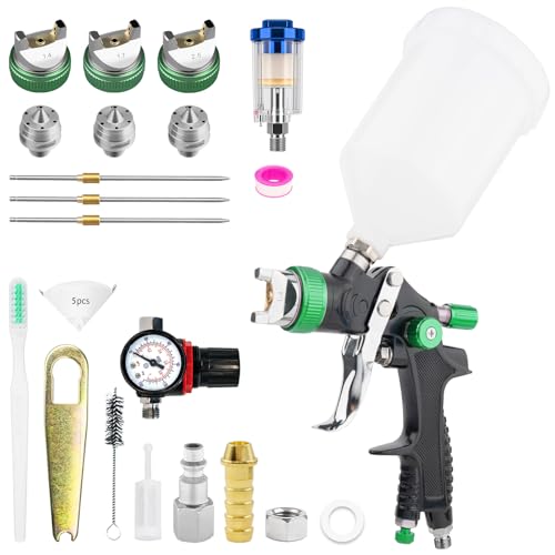 HVLP Lackierpistole Spritzpistole Kit mit 1,4/1,7/2,5mm, Farbspritzpistole Profi Lackierpistole Druckluft Schwerkraft Sprühgeräte mit 600 ml Plastikbecher Luftdruckregler für Autos & Haus (Grün)