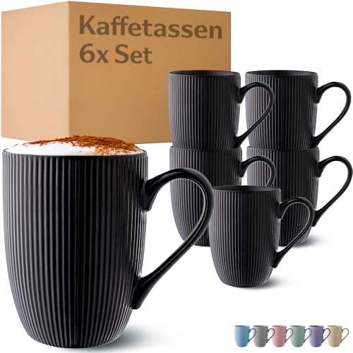 Cosumy Kaffeetassen 6er Set in Schwarz Matt 350ml - Einzigartiges Streifenmuster - Keramik - Mikrowellenfest - Spülmaschinenfest & Komfortabler Griff