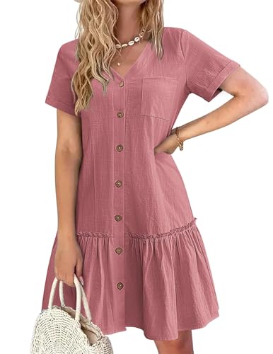 Hotouch Leinen Kleid für Damen Sommer Blusenkleid Button Down Strandkleid Elegant Kurzärm Sommerkleid Knielang Tunika Kleid T Shirtkleid Rosa L