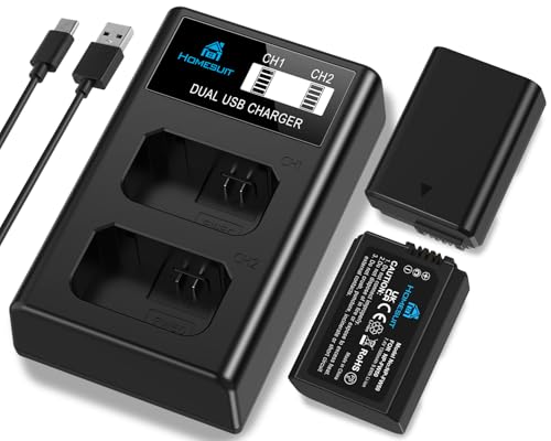 Homesuit NP-FW50 Akku 1300mAh und USB LCD Ladegerät Kit für Sony ZV-E10 A6000 A6300 A6400 A6500 A5100 A5000 A7 A72 A7R A7R2 A7S2 7RM2 7SM2 7M2 A55 RX10 II III IV NEX-3/5/6/7 NEX-F3 Kamera (2er-Pack)