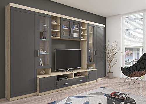 Kuechen-preisbombe Wohnwand Paris Anbauwand Wohnkombi Wohnzimmer MDF Grau+ Sonoma Eiche matt