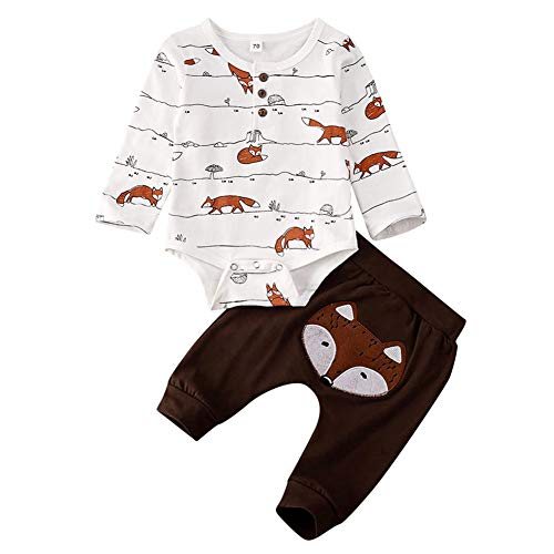 Geagodelia 3tlg Babykleidung Set Baby Jungen Kleidung Outfit Body Strampler + Hose + Mütze Neugeborene Kleinkinder Weiche Babyset Tier (6-12 Monate, Fuchs (Weiß & Braun - Langarm))