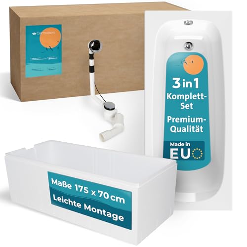 Calmwaters® Premium Badewanne Komplettset 170x75 cm Original, Made in EU, 3in1 Acryl-Badewanne mit Wannenträger & Ablaufgarnitur, Körperformbadewanne, Rechteckbadewanne 170 x 75, 200 l, Weiß