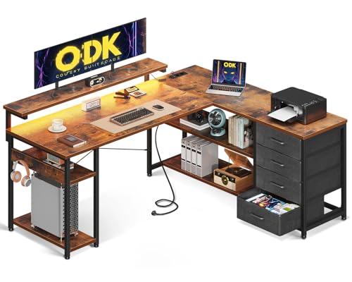 ODK Schreibtisch mit Schubladen, 135×110cm Reversible Eckschreibtisch mit 2 Steckdosen und 2 USB Ladeanschluss, Bürotisch L Form mit LED für Home Office, Vintage-Braun