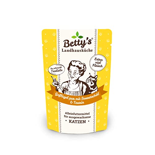 Betty's Landhausküche Frischebeutel Pouches Nassfutter Katze, Geflügel PUR mit Borretschöl 100 g, getreidefrei, Beste Qualität, hochwertiges Fleisch, schonend gegart, hohe Bioverfügbarkeit