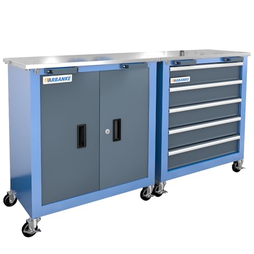 LARBANKE Kombinations-Werkzeugkasten mit Schloss, Werkzeugschrank mit 5 Schubladen und 2 Türen, kann miteinander verbunden werden, rollender Werkzeugkasten mit Rollen und gepolsterten Füßen, mit