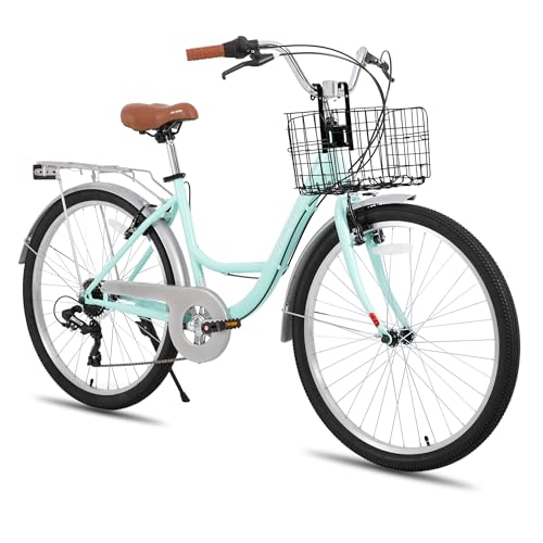 HILAND 26 Zoll Cityräder für Erwachsene, Step-Through Rahmen Damenfahrrad mit Gepäckträger und Korb, Herren und Damen 7 Gang-Schaltung Hollandfahrrad Citybike, City-Pendlerfahrrad für Männer, Grün