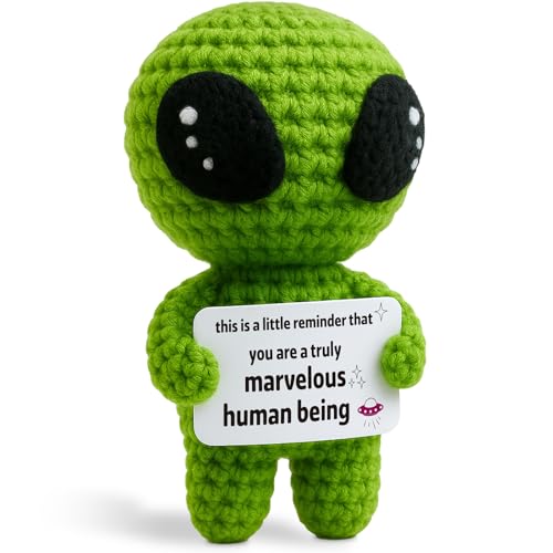 Positive Geschenke, Handgemachte Häkel Puppe mit Positivitätskarte, Gestrickte Alien-Puppe für Freunde, Kollegen, Teenager Lustige Häkelpuppen