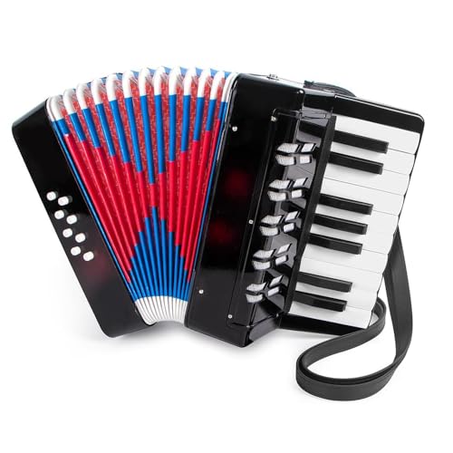 Akkordeon,Akkordeon kinder,Ziehharmonika,17 Tasten 8 Bass Kinderakkordeon mit Verstellbarem Gurt,Leicht und Umweltfreundlich (schwarz),Geeignet für Anfänger, ein Geschenk für Den Kindertag