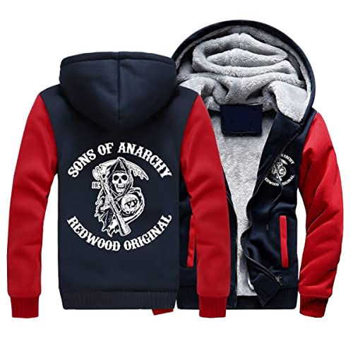 FEegar Herren Kapuzenpullover mit Anarchy Sons Print and Reißverschluss Langarm Kapuzenjacke Winter Warm Fleece-Innenseite Sweatshirt Plus Dicke Fleecejacke Sweatjacke Mit Kapuze(Red,5XL)