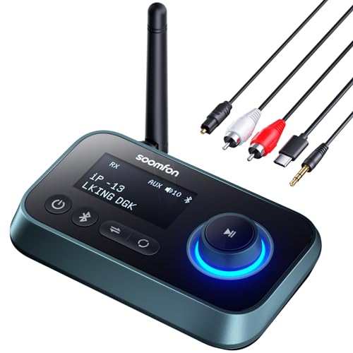 3-in-1 Bluetooth 5.0 Sender Empfänger für 2 Kopfhörer, SOOMFON Bluetooth Adapter Audio für TV PC Stereoanlage, Low Latency BT Transmitter Receiver mit Lautstärkeregelung, Aux/RCA/Optisch