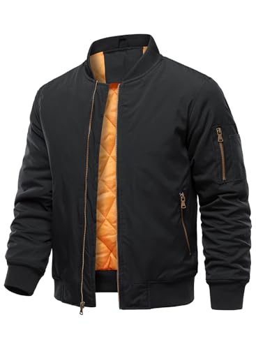 HOOD CREW Herren Bomberjacken Herbst Winter Warm Gepolsterte Jacke mit Reißverschluss Lässiges Leichte Übergangsjacke Mäntel mit Tasche Schwarz M
