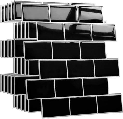 Yoillione Upgrade Dickere 3d Fliesenaufkleber Aufkleber für Bad Küche, Klebefliesen Vinyl Fliesen Selbstklebend Fliesenfolie, Weiß PVC Metro Fliesen Selbstklebend (10, Schwarz)
