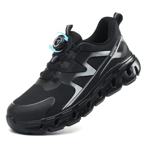 AEKYIWL Sicherheitsschuhe Herren Damen Arbeitsschuhe Leicht Sportliche Atmungsaktiv Schnürsenkel Ohne Binden Drehverschluss Stahlkappenschuhe rutschfest Schwarz, 44 EU