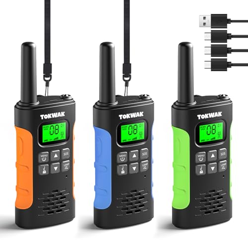 TOKWAK Walkie Talkies 3er Set für Kinder Erwachsene, Walkie Talkie Aufladbar, Funkgeräte Set, Große Reichweite 3km Walki Talki mit Akku, VOX Taschenlampe, Walky Talky für Camping, Freien, Wandern