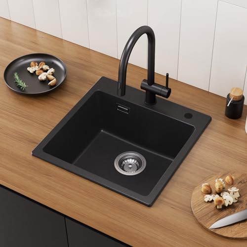 CECIPA Küchenspüle Granit 45x45cm, Moderne Einbauspüle Set mit 2 Hahnlöcher, Schwarz, Eckig, Waschbecken für die Küche