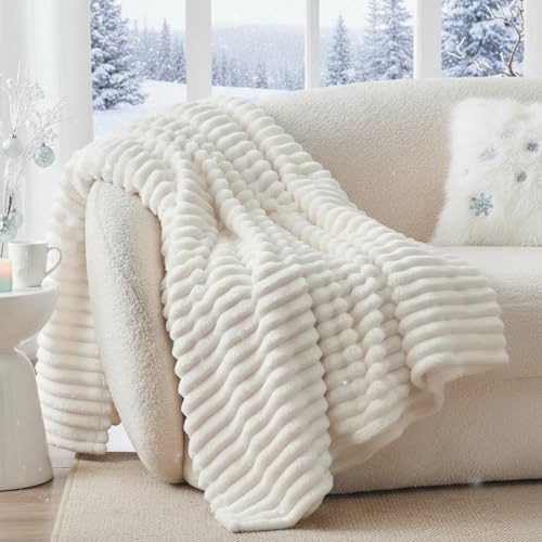 BEDELITE Kuscheldecke Flauschig Decke Klein - weiche Flanell Decken Elfenbein Weiß 125x150 für Sofa, Deko Streifen Cord Fleecedecke Weiss als Sofaüberwurf für Wohnzimmer, Throw Blanket Wide Use