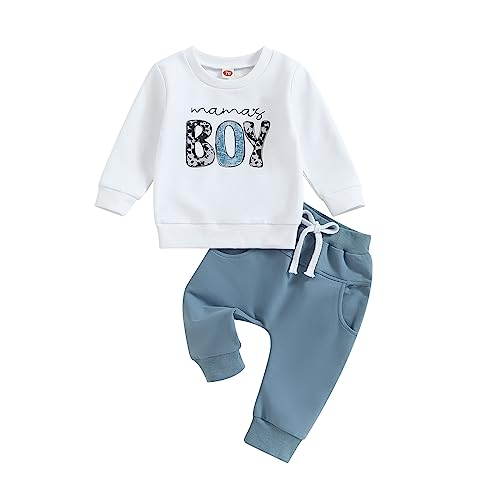 Geagodelia Baby Jungen Kleidung Outfit Babykleidung Set Langarmshirt Sweatshirt + Hose Neugeborene Weiche Babyset Mama's Boy Zweiteiler (A - Weiß & Blau, 6-12 Monate)
