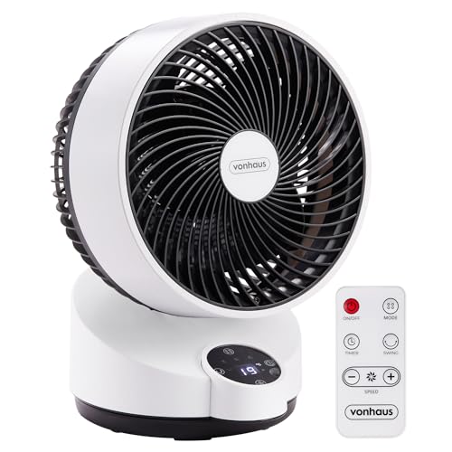 VonHaus Umluft Ventilator Leise – Tischventilator mit 3 Geschwindigkeitsstufen, 3 Modi, Fernbedienung, 12-h-Timer, 60°-Schwenkfunktion, LED-Display, 3 Blättern – für Zuhause oder Büro