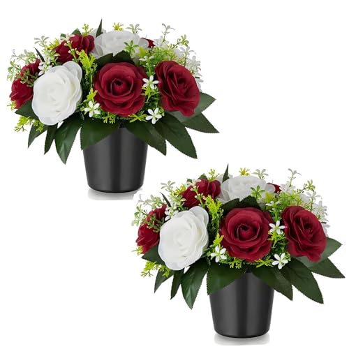 2 Pcs Grabgestecke Set, Grabgestecke Künstlich, Künstliche Blumengestecke Für Friedhof, Grabdekoration Aus Kunstblumen Wie Echt, Pflegeleicht Langlebig, Grabschmuck F Ür Draußen in Elegantem Design