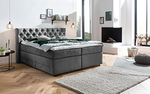 Belanoti ® Lara Boxspringbett 160x200 mit 4 Schubladen Stauraum Bett 160x200 mit Bettkasten in der Farbe Dunkelgrau H2/H3 Chesterfield Kopfteil 7-Zonen Taschenfederkern Matratze inkl. Visco Topper