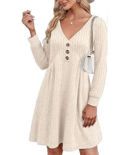 GRMLRPT DamenKleid Langarm V-Ausschnitt Pulloverkleid Elegant Knielang Herbstkleid Casual Kleid Herbst Winter A Linien Bequem Midikleid(Beige,M)
