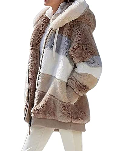 ABINGOO Damen Mantel Kapuzenjacke Winterjacke Mode Warm Hoodie Pullover Jacken Reißverschluss Plüschjacke Fleecejacke Oberteile(Khaki,L)