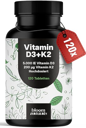 Vitamin D3 K2 hochdosiert – 120 Tabletten mit 5000 IE D3 & 200 µg K2 – 99,7+% All-Trans K2-MK7 - Vitamin D - produziert in Deutschland - Verpackung kann variieren