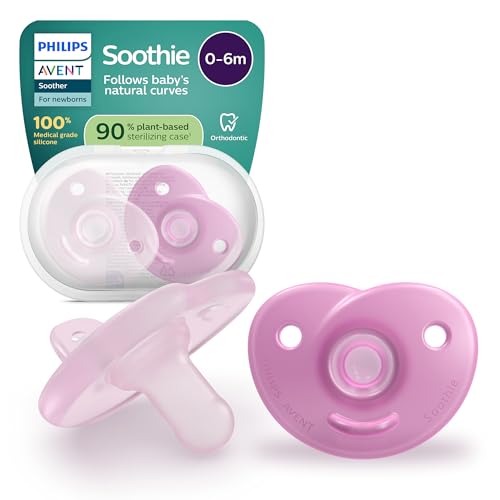 Philips Avent Soothie-Schnuller – einteiliges Silikondesign, für Neugeborene, flexibler Sauger, der den Druck auf Zähnen und Mund reduziert, BPA-frei, mit Sterilisationsbehälter, 2er-Pack, SCF099/27