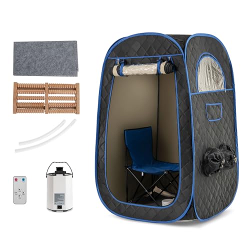 HOMASIS Dampfsauna tragbar, Heimsauna mit Dampfgenerator 3 Liter, Sauna für Zuhause mit Fernbedienung, 9 Temperaturstufen & 9 Timer, Mobiles Saunazelt mit Klappstuhl & Fußmassagegerät (Schwarz)