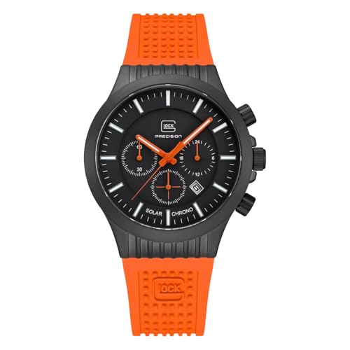 GLOCK Herren Solar Quarz Uhr | 42mm Gehäuse | Armbanduhr mit Schwarzem Edelstahlgehäuse | Schwarzem Zifferblatt | Orangenem Silikonarmband | 20ATM | GW-39-1-24