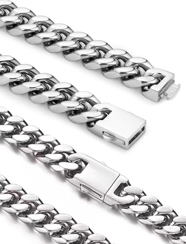 Inscca Ketten für Herren 55cm Silber Königskette Breite Kubanische Königskette 11mm Ketten Cuban für Herren Halskette Edelstahl für Männer Jungen Hip-Hop Anlaufgeschützt