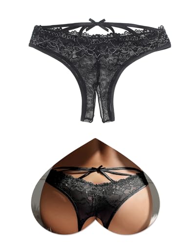 ohmydear Spitze String Tanga Erotische Damen Höschen Slip Ouvert für Frauen Sexy Unterwäsche im Schritt Offen Hipster Niedrige Taille Unterhosen mit Crossover Strap & Schleife Schwarz M