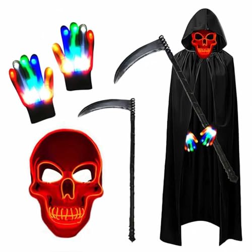 Shengou Halloween Sensenmann Kostüm Set,Halloween Kostüm,Sensenmann Kostüm Erwachsene,Leuchtende Maske Set mit Sensemann Umhang und Sense und Glow Handschuhe für Party Karneval Cosplay (RotB)