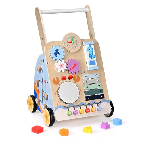 Lauflernwagen Holz, Lauflernwagen Baby Lauflernhilfe mit Rädern & Bauklötzen Spielgeräte Aktivitätszentrum Set, Multifunktion Baby Walker Spielzeug Geschenk für Kleinekinder Kinder 10 Mon. - 1-2 Jhr.