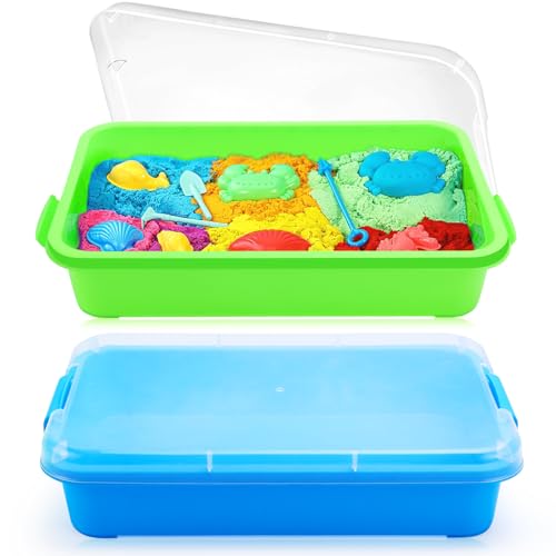 QGGTQG Sandkasten mit Deckel Sandkasten Sensory Bin mit Deckel für Kinder Kunststoff Tablett Sandkasten Abdeckung Sensory Sandbox Container für Wasser, Sand, Perlen und Mehr (Grün und Blau)