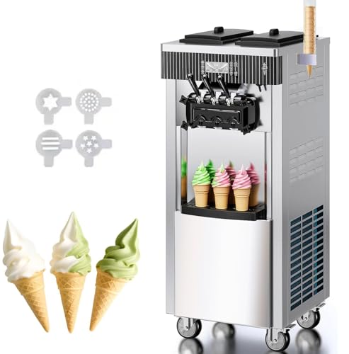 Kommerzielle Eismaschine, 20–28 L/h Leistung, 2200 W, Freistehende Softeismaschine mit 3 Geschmacksrichtungen, 2 x 6 L Edelstahlbehälter, LED-Panel Einzelzylindernutzung & Kühlung über Nacht